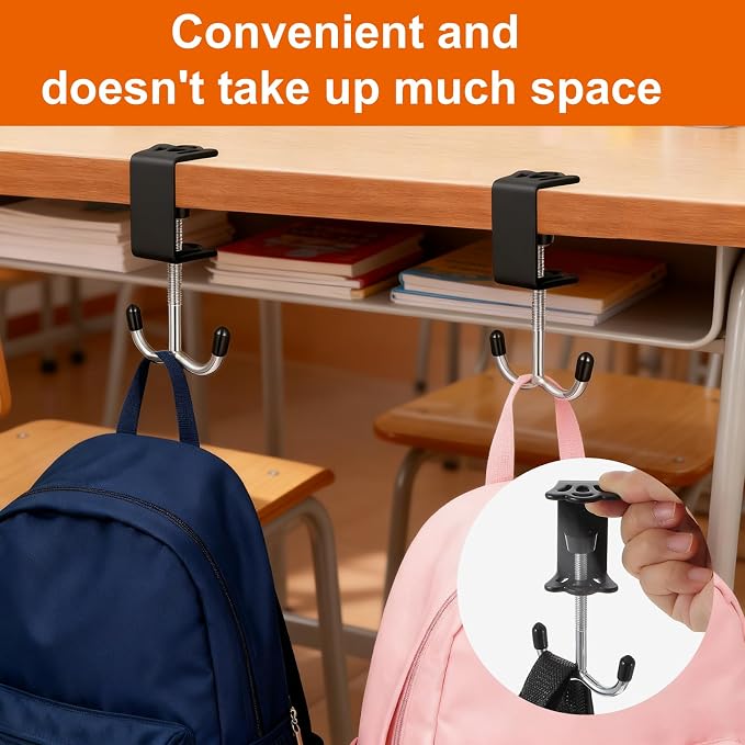 4 Pack Adjustable Purse Hooks for Table & Desk, Double-Hook Heavy-Duty Backpack Hanger 100lb Capacity High-Strength Holder Space-Saving Desk Organizer for Handbag Headphone Umbrellas(Black)