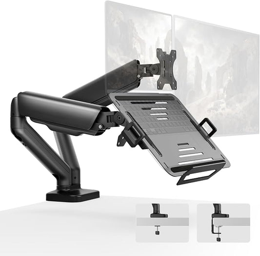monTEK Laptop Arm Mount for Desk for Max 32” Screen and 18” Notebook, Dual Monitor Stand with Adjustable Laptop Holder, Holds up to 19.8 lbs, Full Motion Arm with Clamp/Grommet Base, 75/100 VESA Mount