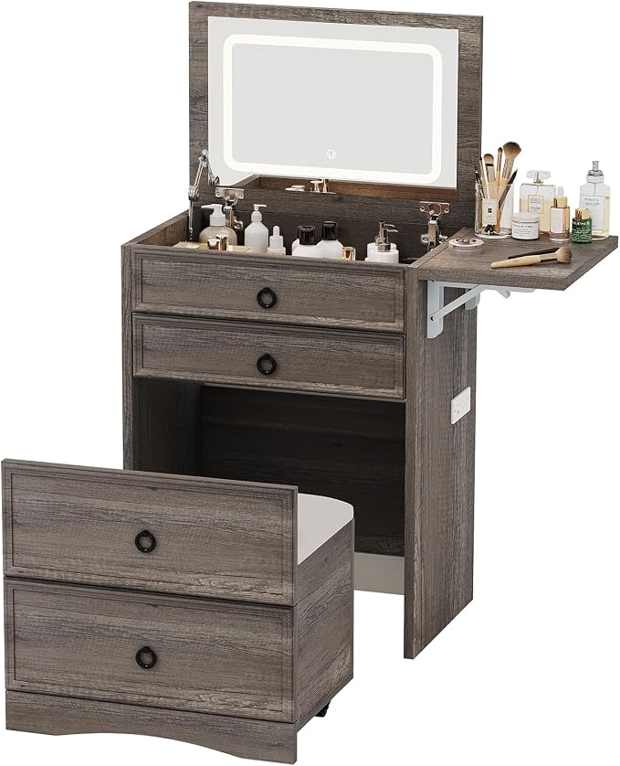 LUXOAK 3-in-1 Small Vanity Desk with Mirror and Lights, Compact Hidden Vanity Set with Stool & Charging Station, Makeup Table for Girls Bedroom and Dressing Room, Rustic Grey