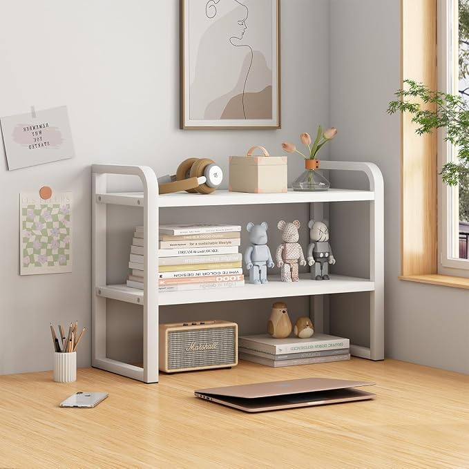 Office Desk Shelf Organizer, Wood Desktop Bookshelf Supplies Storage Rack, Shelf for Top of Desk and Dresser and Cubicle Decor Aesthetic Bookshelf (White White-Two Tier)