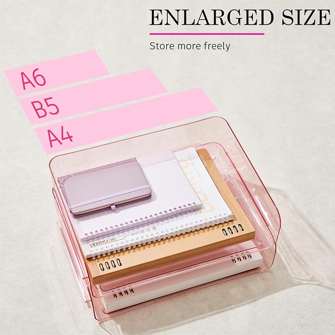 Harloon 4 Tier Pink Acrylic Paper Organizer 13 x 9.8 x 3 Inches Letter Tray Desk File Organizer Stackable Documents Clear Letter Paper Holder Office Tray for A4, Office Home File Desktop Storage