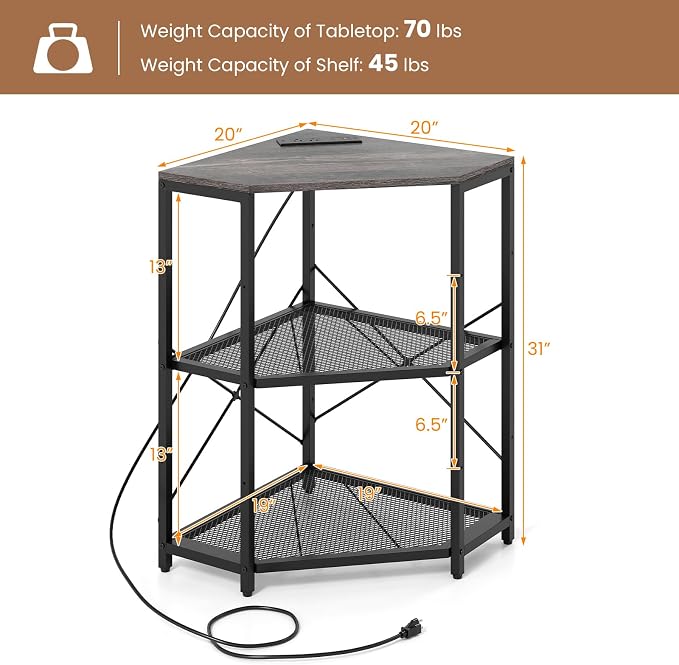 Tangkula Corner Printer Stand with Power Outlet, 3-Tier Storage Rack with Adjustable Metal Mesh Shelf, Freestanding Corner Table Computer Tower Holder for Home Office Living Room (Grey & Black)