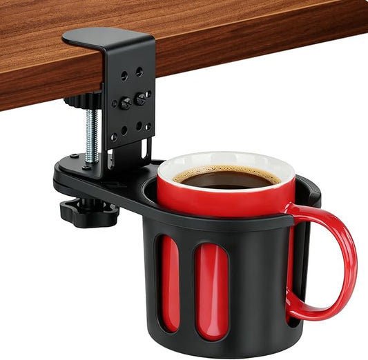 MYITYARD Desk Cup Holder Clamp, Clip On Table Cup Holder, Rotatable Water Bottle Stand Drink Coffee Mug Storage, Office Accessories for Home and School