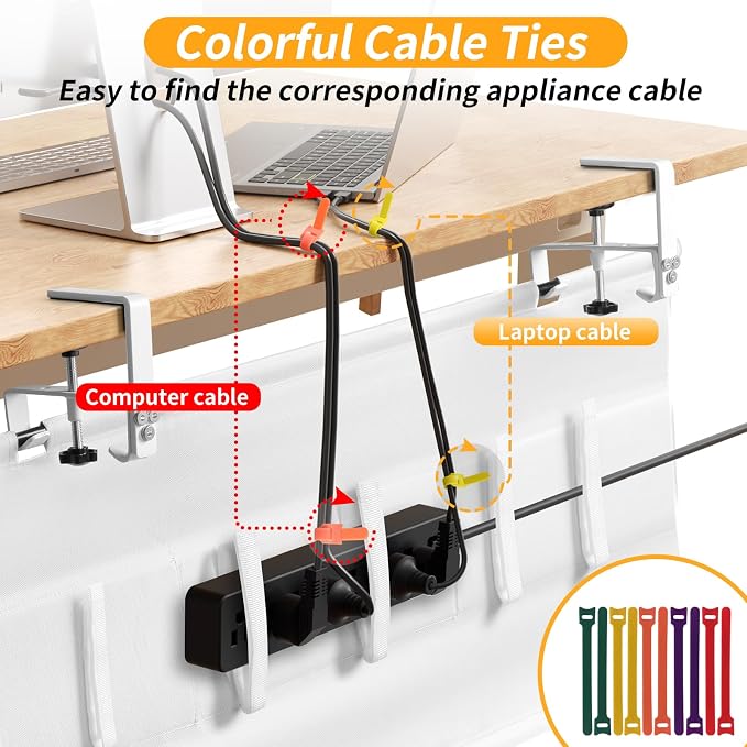 48" Under Desk Cable Management Tray, No Drill Desk Cable Management Wire Standing Desk Cord Organizer Clamp/Screw Mount, Cord Management Tray Fabric Desk Organizer for Home Office-White