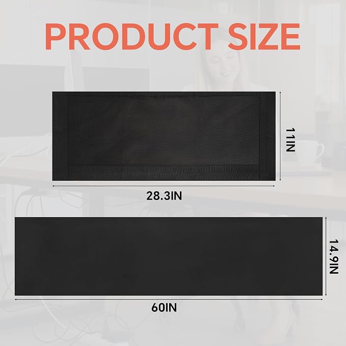 MABOZOO Under Desk Privacy Panel with Management Net, Self Adhesive Desk Skirt with Cord Organizer for Home Office, Standing Desk, Wire Management Under Desk Accessories (Black)