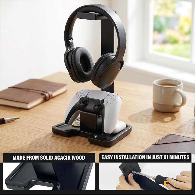 Gaming Accessories Headset Stand with Game Controller Holder & Storage Base, Stylish Gamer Gifts for Men Teenage Boy Headphone Stand, Unique Gifts for Gamers to Organize Gaming Equipment (Black Wood)