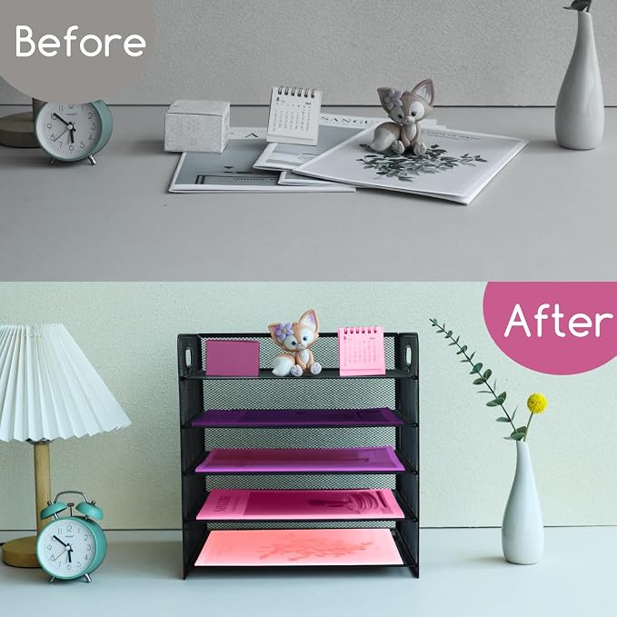 5 Tier Lettrer Tray Organizer with Handle, Metal Mesh Desk File Organizer with Sliding Trays, Paper Sorter Desk for Home Office School, Black