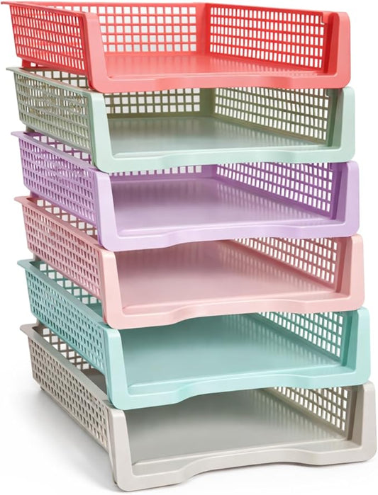 Tenceur 6 Pcs Turn in Trays Classroom, Stackable Tray for Classroom Plastic Storage Baskets Teacher Organizers for Library Drawers Office Desk (Trendy,Macaron Colors,13.3 x 9.5 x 2.7 Inches)