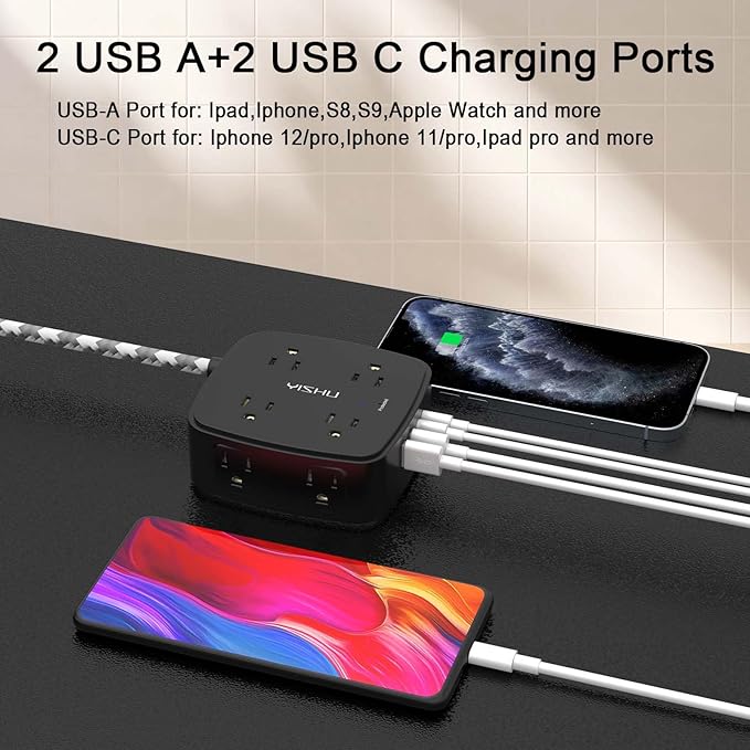 Surge Protector Power Strip - YISHU 8 Outlets with 4 USB (2 USB C) Charging Ports, 5Ft Braided Extension Cord, Flat Plug Multi Plug Outlet Extender Charging Station for Home Office, ETL, Black