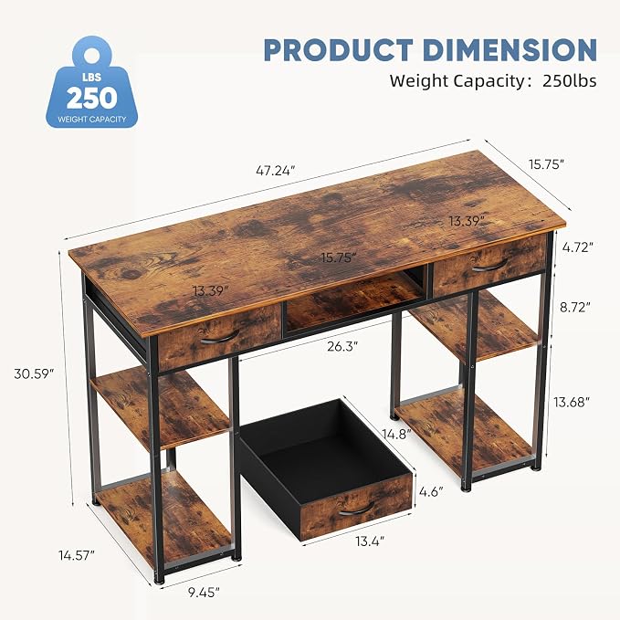 DUMOS 48" Small Computer Home Office Desk for Bedroom with Drawers, Gaming Writing Study Table with Storage Shelf, Adjustable Feet, Metal Frame Natural Brown