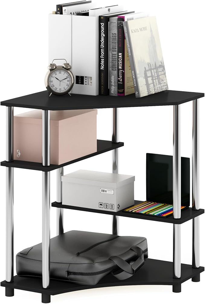 Furinno TURN-N-TUBE Desk, Corner Gaming Desk with Storage Shelves, Corner Computer Desk, Office Desk for Home Office, Bedroom, Americano/Stainless Steel Tubes