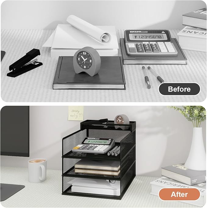 Natwind 3 Tier Stackable Paper Trays for Letter Documents, Desktop File Organizers for Office Supplies, Metal Mesh Desk Organizer,Office Organizer,Letter Trays for Home, Office, School,Black