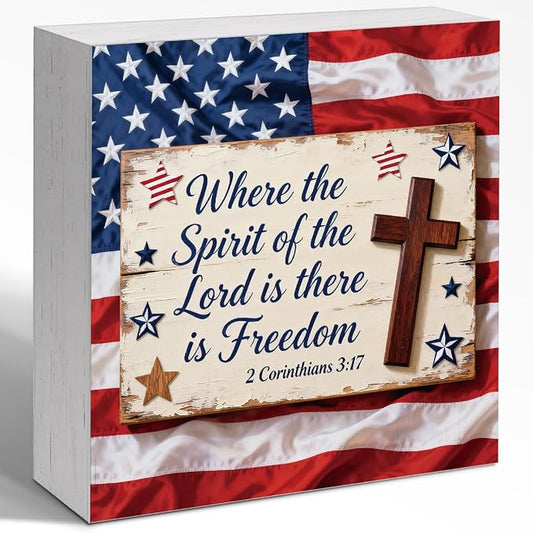Patriotic Wooden Box Sign,Where The Spirit Is There Is Freedom 4th Of July Signs Home Decor,Independence Memorial Day Block Sign for Desk Shelf Tabletop Decor