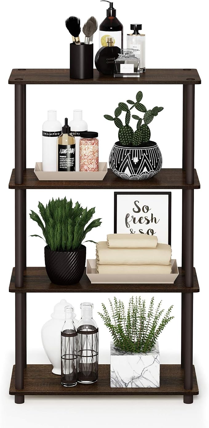 Furinno TURN-N-TUBE Storage Shelves, 4-Tier Toolless Book Shelf, Corner Shelf, Toolless Open Shelves, for Organization and Storage, Living Room, Garage, Home Office, Walnut