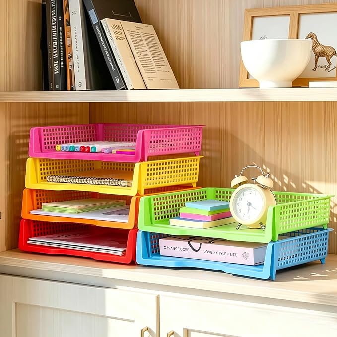 ZZYFGH 6 Pack in Trays for Teachers, Plastic Classroom Paper Organizers, Colorful Storage Baskets for Office, Stackable Office Desktop Document Paper Storage(13.4 * 9.5 * 2.7in)
