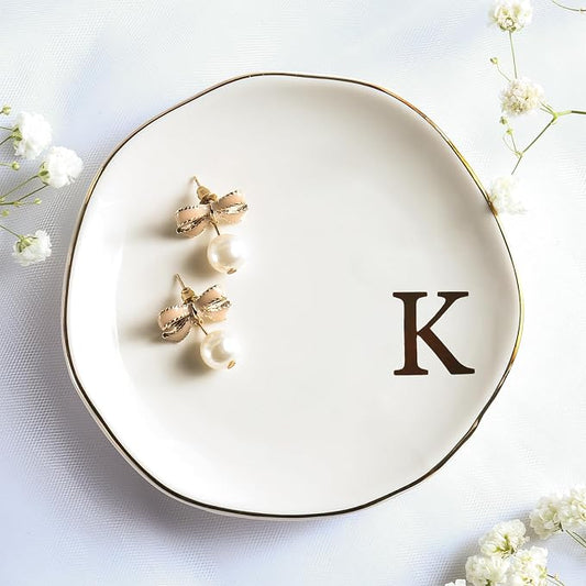 Ceramic Jewelry Tray Ring Dish Personalized K-Monogrammed Engagement Wedding Gifts, for Birthday Mother's Day for Women, Ceramic White 4.75" (K)