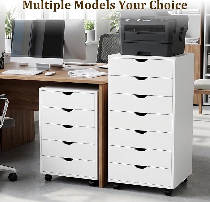 5 Drawer File Cabinet, Under Desk Storage Organization with Wheels, Mobile Filing Chest for Small Desk Printer Stand for Home Office, White