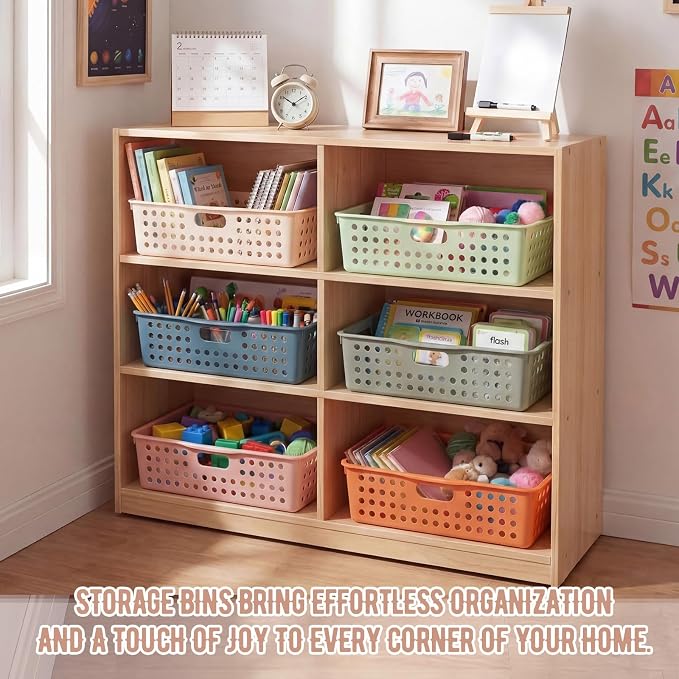 Geetery 6 Pack Classroom Storage Baskets with Handle 14''x10'' Paper Tray Holds A4 Turn in Trays Plastic Paper Baskets Desk Organizer Bin for Classroom, Library, Office, Home (Boho Color)