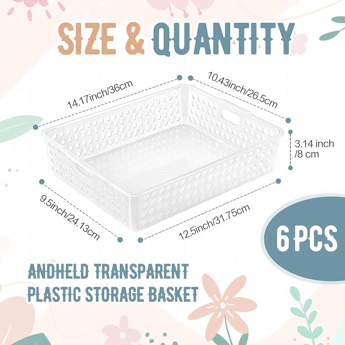 Geetery 6 Pack Classroom Storage Baskets with Handle 14''x10'' Paper Tray Holds A4 Turn in Trays Plastic Paper Baskets Desk Organizer Bin for Classroom, Library, Office, Home (Clear)