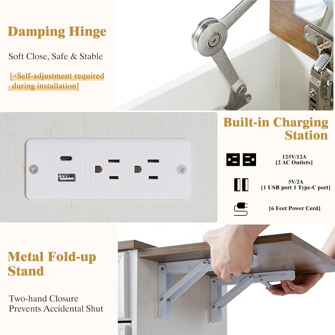 LUXOAK 3-in-1 Small Vanity Desk with Mirror and Lights, Compact Hidden Vanity Set with Stool & Charging Station, Makeup Table for Girls Bedroom and Dressing Room, Rustic White