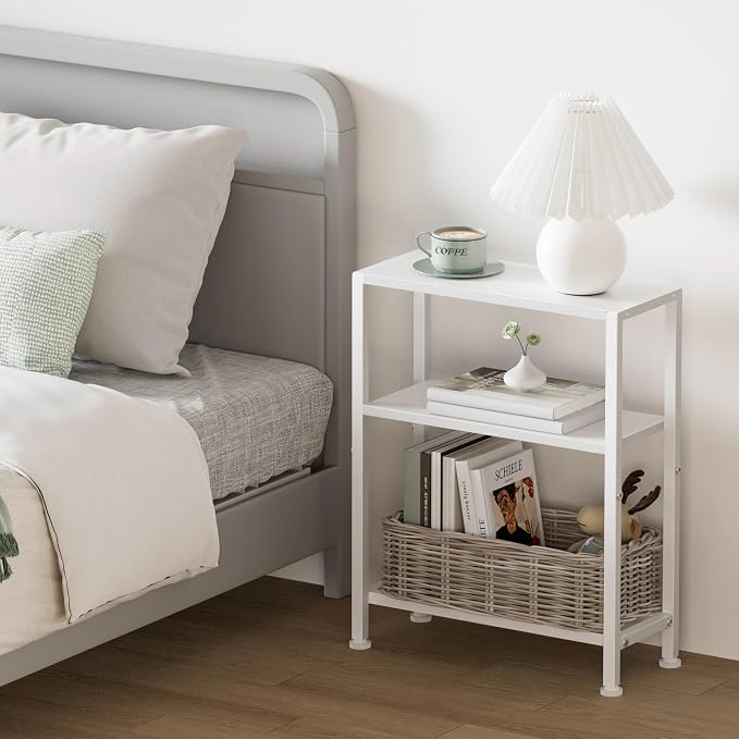 Narrow Side Table Set of 2 for Small Space, 2-Tier Small End Table with Shelf Holder, Slim Nightstand, Skinny Snack Couch Table in Living Room, Bedroom, Study, Kitchen and Balcony (White)