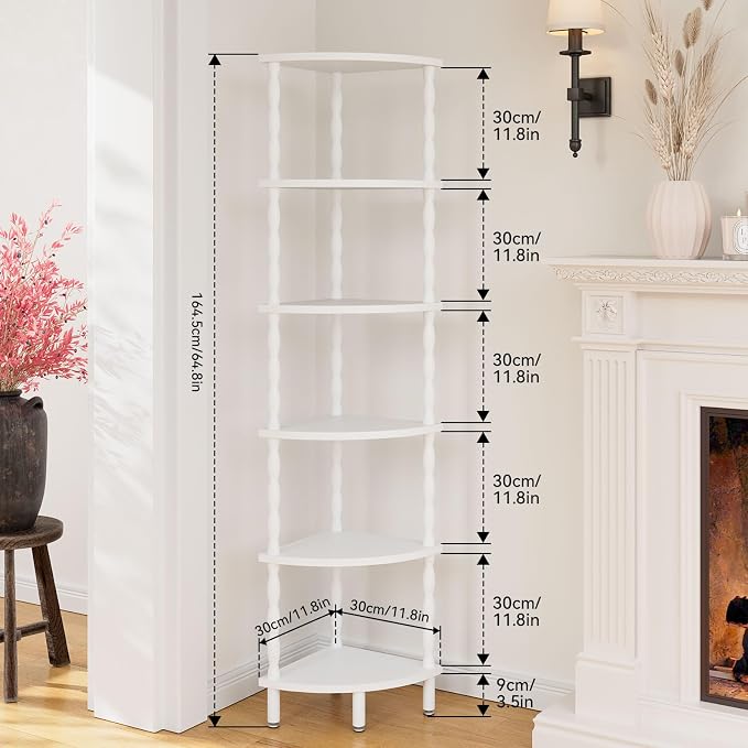 IBUYKE 6-Tier Corner Shelf,Stylish Corner Bookshelf for Small Spaces,Industrial Corner Storage Display Shelves,Small Corner Table for Bedroom,Bathroom,Kitchen, White WBC021W