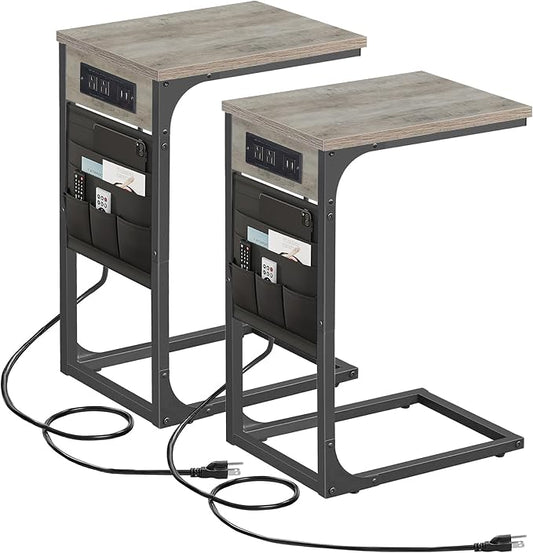 TUTOTAK C Shaped End Table with Charging Station, Side Table for Sofa, Couch Table with Storage Bag, Set of 2, TV Tray Table with 2 USB Ports and Outlets for Living Room, Bedroom, TB01BG0242