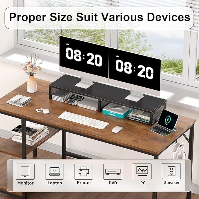 Dual Computer Monitor Stand Riser, Desk Organizers and Accessories, Printer & TV Stand, Desk Shelf, Office Desk Accessories & Desktop Workspace Organizer for Office Supplies, Black