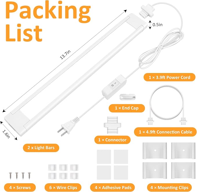 maylit Under Cabinet Lighting Plug in, 2Pcs 14 Inch Linkable Ultra Bright LED Light Bars, Renter Friendly Lamp, Wired 110V 120V Indoor Lights for Kitchen Cabinet, Counter, Workbench, Shelf, Warm White