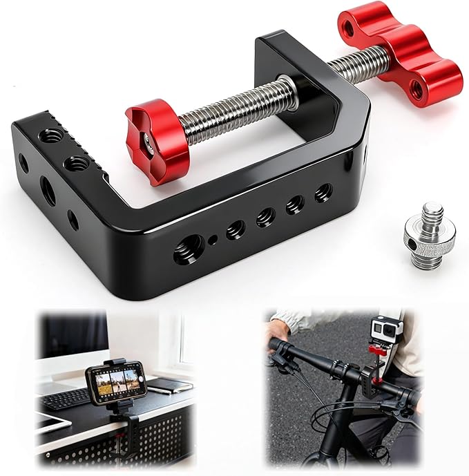 Tlence C Clamp Desk Camera Mount, Table Clamps with 1/4" and 3/8" Thread, Metal Desktop C Clamp for Light Stand, Heavy Duty Clamps Jaw for Workbench, Rods, Shelves, Bike, Fits up to 2.5" Thickness