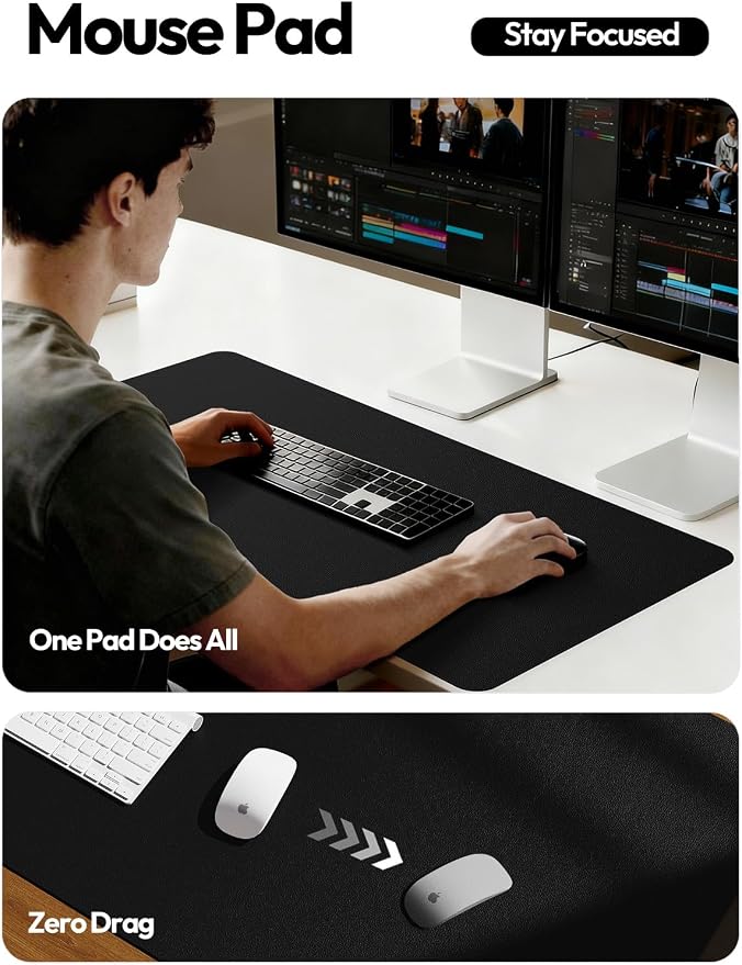 YSAGi Large Extended PU Leather Desk Pad Protector – Non-Slip Waterproof Desk Mat for Office & Home, Easy Clean Mouse Pad & Laptop Writing Blotter 35.4"x17" Black