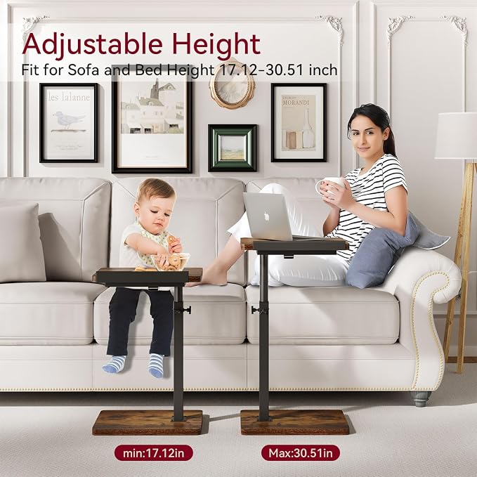 IBUYKE C Shaped Side Table, Angle Adjustable, 360° Swivel Height Adjustable End Table for Small Spaces, for Phone Computer & Tablet, Modern Small Coffee Snack Table for Sofa/Bed, Brown UTVT004H