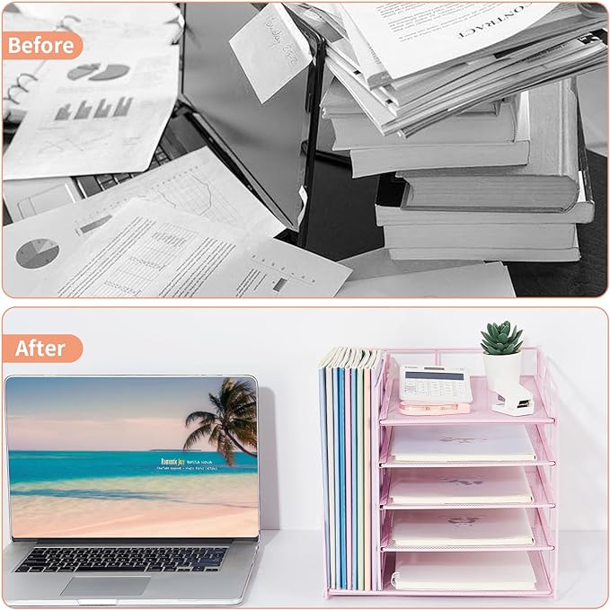 LEKETREE Desk Organizers and Accessories, 5-Tier Paper Letter Tray Organizer with File Holder, Desktop Organizer for Office Supplies (Pink)