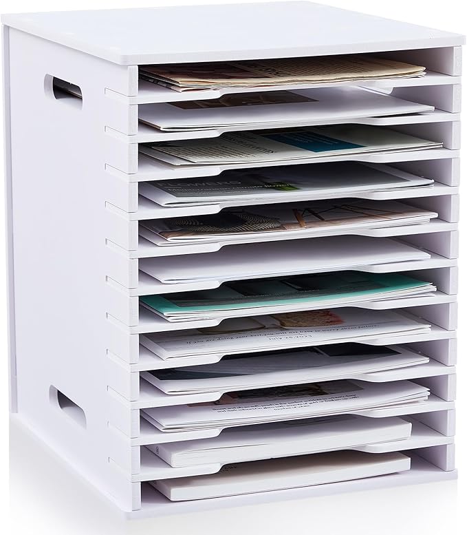 Juexica 12 Tier 8.5" x 11" Scrapbook Paper Organizer, White Cardstock File Organizer with Adjustable Shelves, Stackable Paper Trays, Desktop Storage Rack Document Holder for Desk Home Office