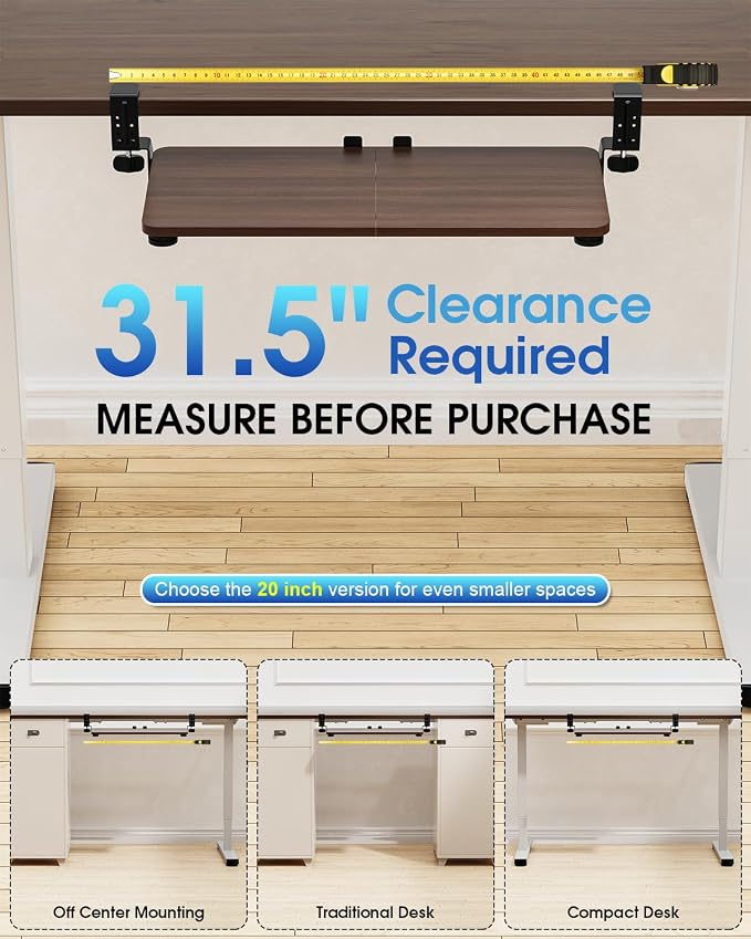Large Keyboard Tray Under Desk, Pull Out Keyboard & Mouse Tray with Adjustable C-clamp, 25.6(31.5 Including Clamps) x 11.8 Inch Slide Out Computer Keyboard Drawer Mouse Tray for Typing, Walnut