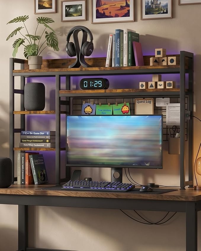 SANYOUNG 45.3" Desktop Hutch Bookshelf with Power Outlet, Heavy-Duty Desk Shelf Bookcase with Grid Panel, 3 Tier Adjustable Countertop Organizer Rack, for Home Office, Dorm, Rustic