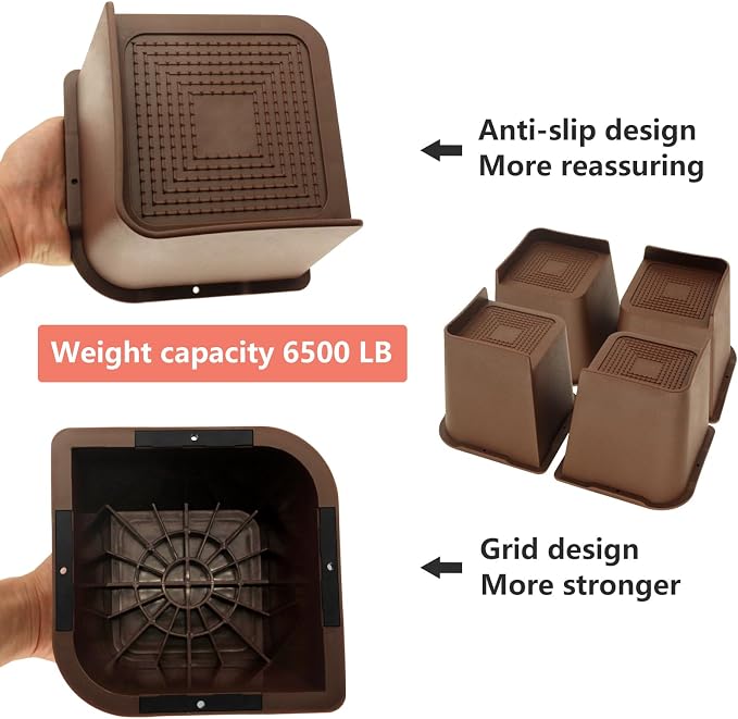 4 Pack Bed Risers 5 inch Heavy Duty Dark Brown, Oversized Furniture Risers, Bed Lifts Risers for Table, Sofa, Chair, Couch, Desk, Bed Frame Risers Supports Up to 6,500 Lbs