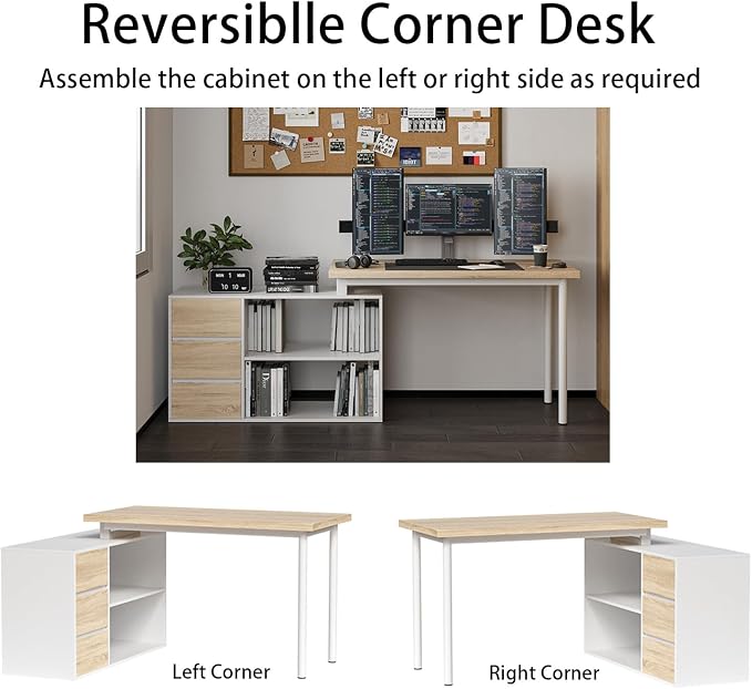 Mekminop L Shape Computer Desk with 3 Drawers and 2 Shelves, Home Office Desk Corner Small Desk with Storage Cabinet for Writing Study Executive – Walnut and White