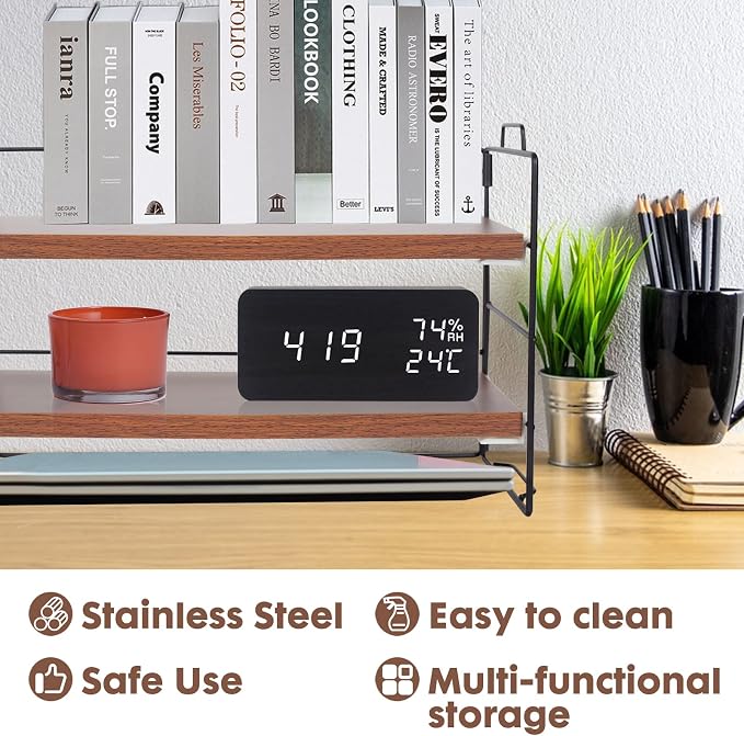 ShellKingdom Desk Shelf Organizer, 2 Tier Desktop Shelves, Adjustable Bookshelf Storage Rack and Office Cubicle Decor for Tabletop, School, Office, Dorm Organization (Black Frame + Wood Board)
