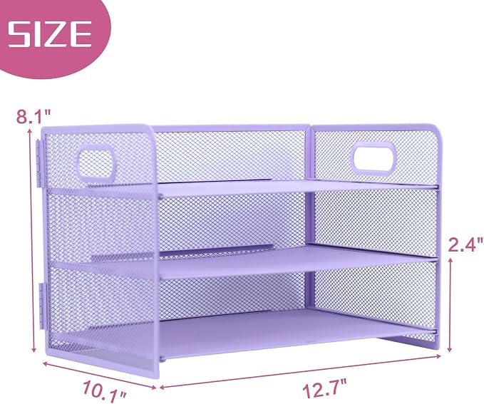3 Tier Lettrer Tray Organizer with Handle, Metal Mesh Desk File Organizer with Sliding Trays, Paper Sorter Desk for Home Office School, Purple