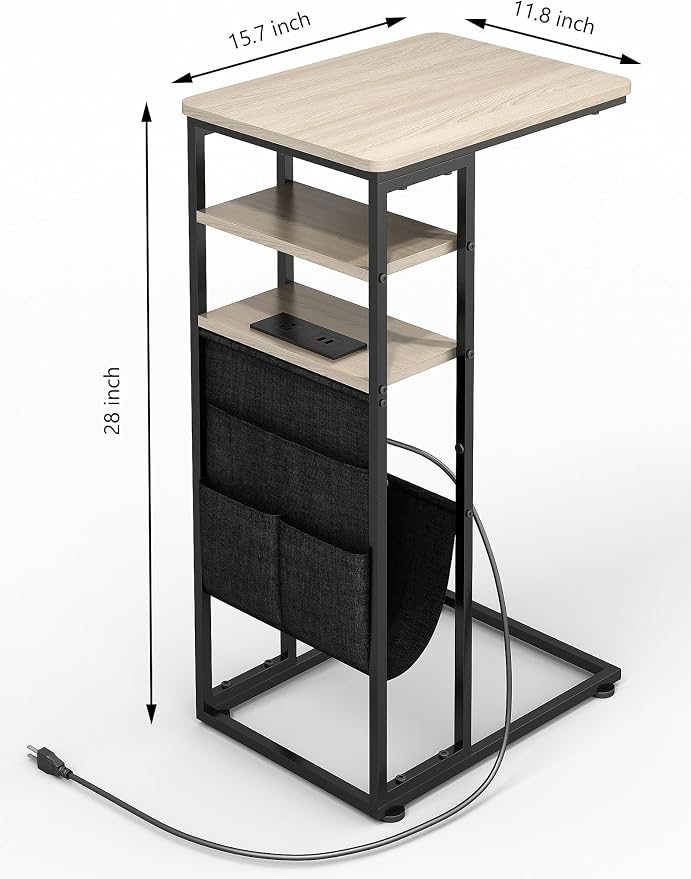 C Shaped End Table with Charging Station, 28"(H) 3-Tier C Table with Storage Bag, Under Couch Table C-Shaped End Table with Storage Shelves and Bag for Living Room, Bedroom, or Office
