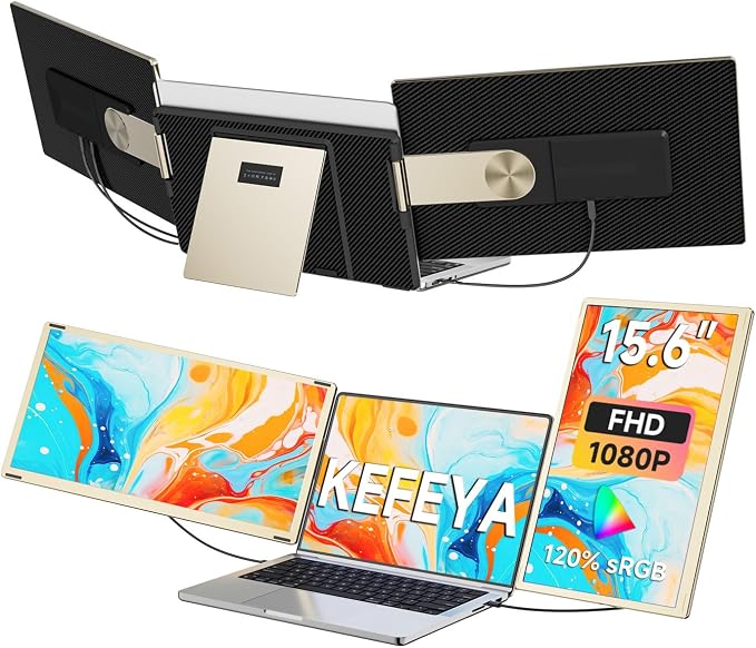 KEFEYA Laptop Screen Extender 15.6", FHD 1080P Portable Triple Monitor for Laptops 13-17.3", 120% sRGB 235° Rotation Detachable Laptop Monitor Extender for Windows/Mac/Dex/Chrome/Surface, Plug n Play