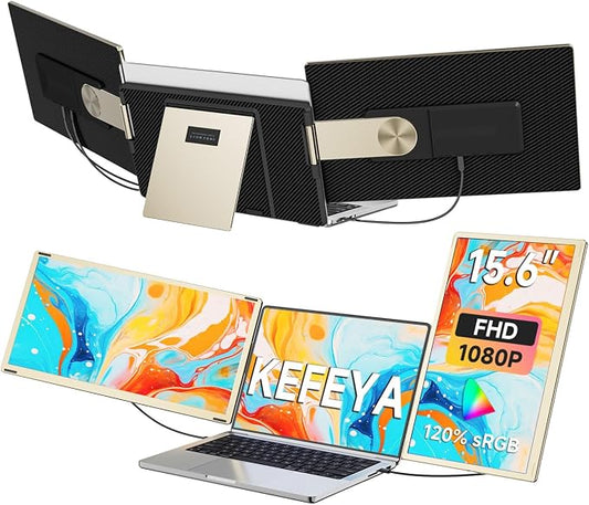 KEFEYA Laptop Screen Extender 15.6", FHD 1080P Portable Triple Monitor for Laptops 13-17.3", 120% sRGB 235° Rotation Detachable Laptop Monitor Extender for Windows/Mac/Dex/Chrome/Surface, Plug n Play