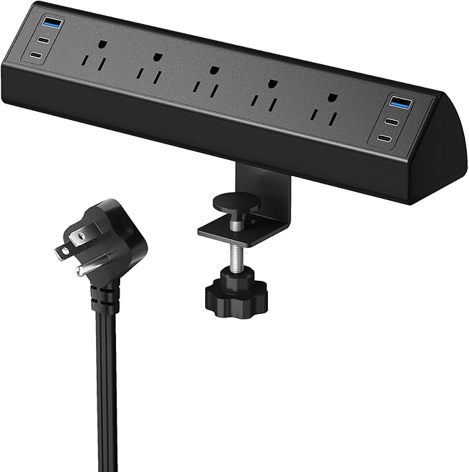 SURAIELEC Desk Clamp Power Strip with 5 Outlets, 4 PD 20W USB-C & 2 USB-A Ports, 40W Total Fast Charging Station, 900J Surge Protector, Fit 1.97 in Desk Edge Mount, 45° Flag Plug, 6 ft Extension Cord