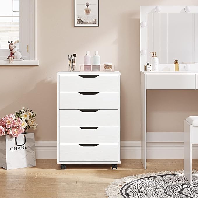Panana 5/7 Drawer Mobile File Cabinet, Wooden Under Desk Storage with Wheels Office Organization Vertical Filing Chest of Drawers for Home Office (White, 5 Drawer)