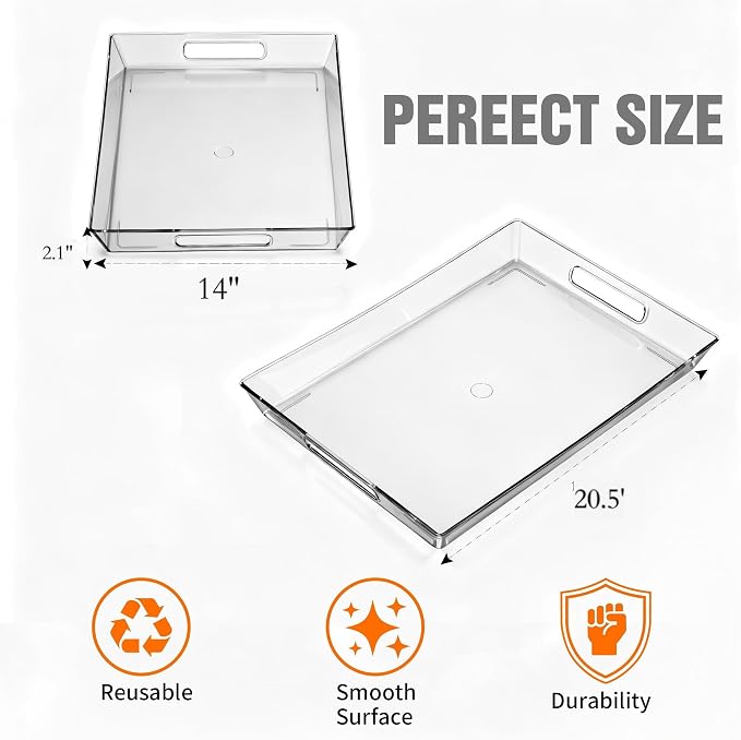 Clear Plastic Serving Tray with Handles, BPA-Free Storage Organizer Tray - Large Serving Trays 20.5"x14" Reusable Serving Platters for Appetizer, Fruit, Kitchen, Desk & Serving Tray for Party Supplies