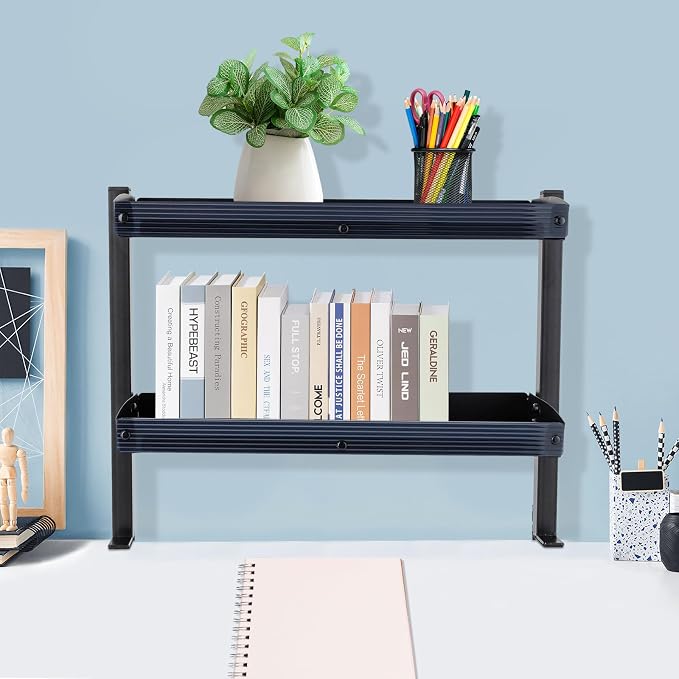 Clamp-on Desk Shelf, 2-Tier Desktop or Under-Desk Shelving Adjustable Desktop Organizer for Office Bedroom (Black)