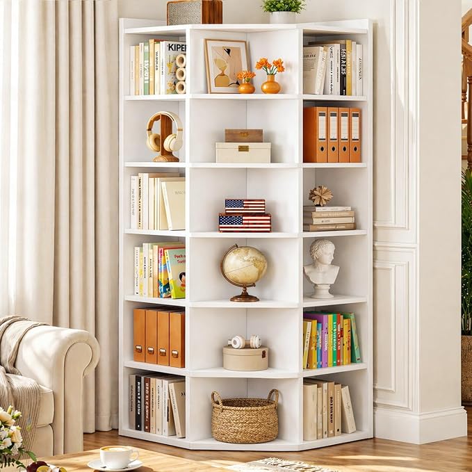 Aheaplus 7-Tier Wooden Corner Cube Bookshelf, Corner Storage Cabinet with 18 Cubes, Corner Cube Organizer Display Shelf with Top Table, Modern L Shaped Cubby Bookcase for Home Office, White