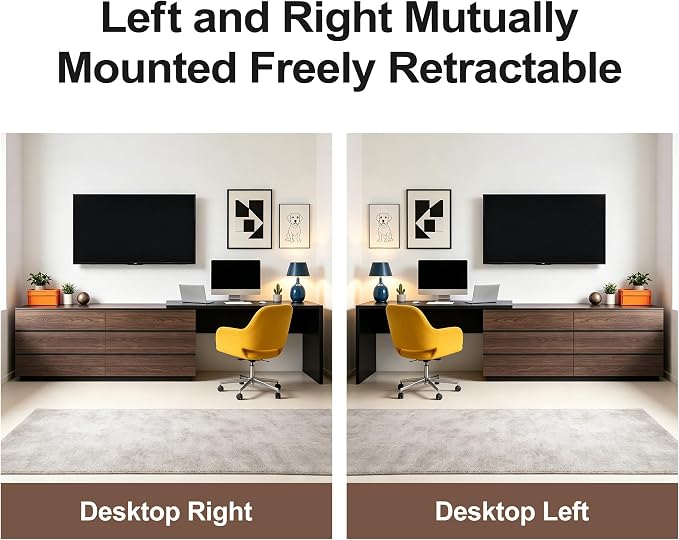 Retractable L-Corner Computer Desk with 6 Organizer Drawers for Games, Make-up, Home Office, Walnut
