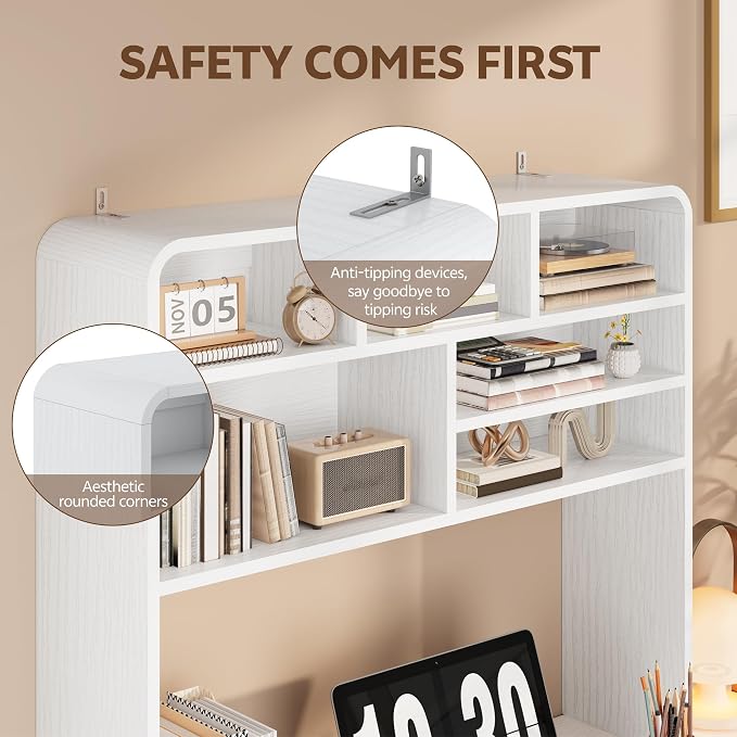 5-Tier Desk Shelf, 37.4''W Desktop Bookshelf for Computer Monitor, Desktop Organizer Shelf Storage Rack with 6 Cubbies, 5-Level Desk Hutch Display Rack for Home, Office, Dorm, Vanity, White